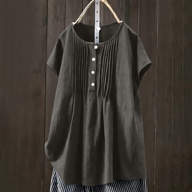 TaTaai Women's Casual Pleated Blouse Short Sleeve Round Neck Button Front Linen Feel Solid Color Top Soft Lightweight Spring Summer Daily Beach Wear Gift