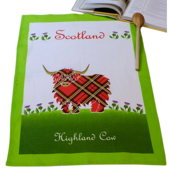 Scotland Kitchen Tea Towel 100% Cotton Highland Red Tartan Cow 67cm x 45cm by Royal Tara
