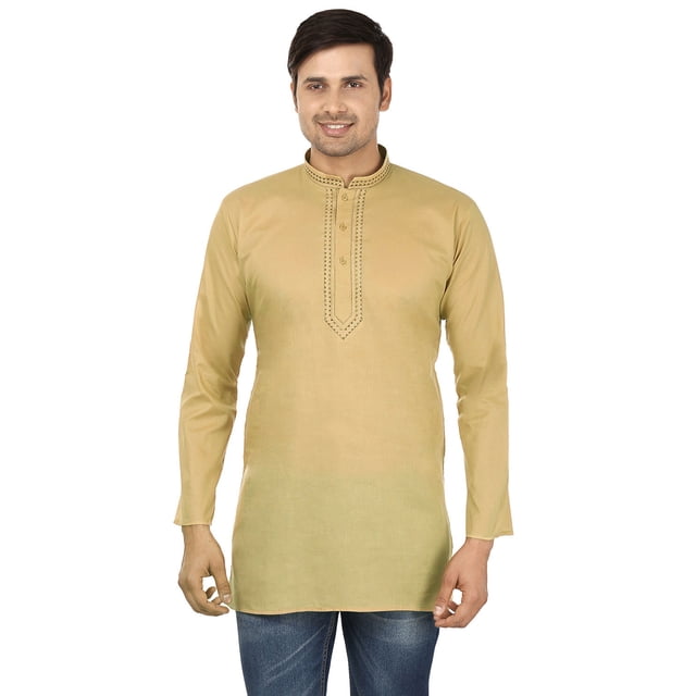 Chemise de Mode Indienne pour Homme, Kurta Courte Brodée en Coton (Brun, TG)