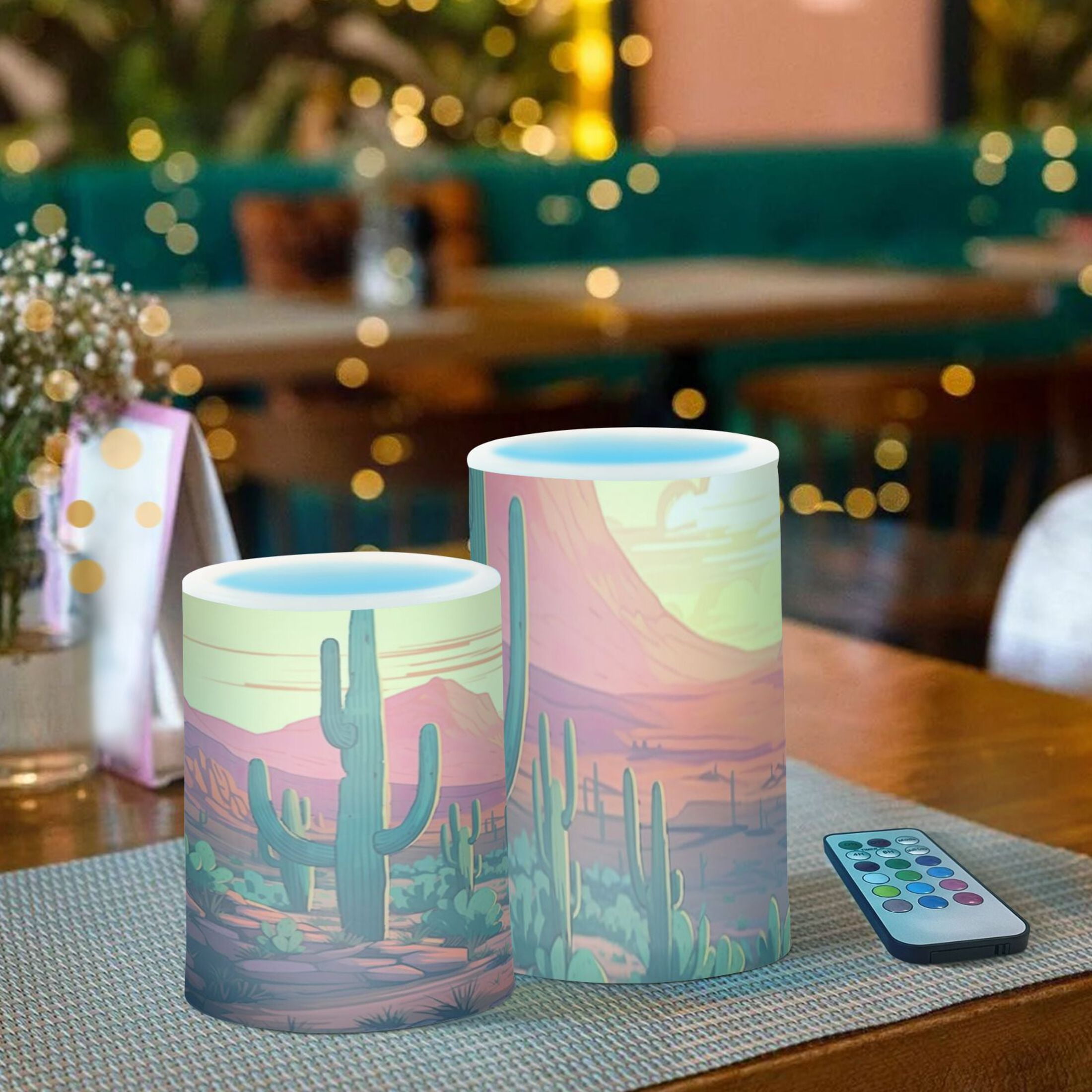 Cactus at Sunset Flickering Flameless Candles Battery Operated with Remote Timer LED Pillar Candles Set of 2