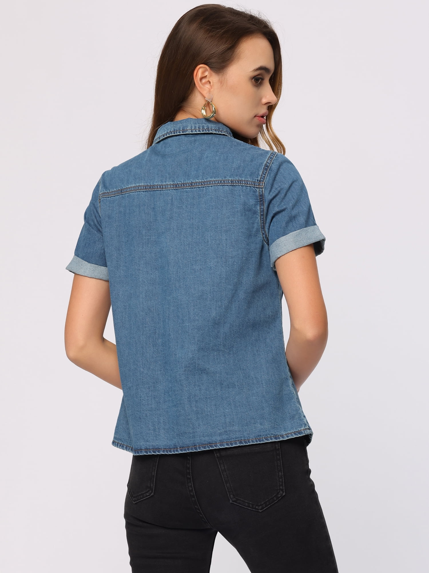 DARING DIVA Women's Denim Collared Short Sleeve Chest Pocket Button Up Shirt XL Blue