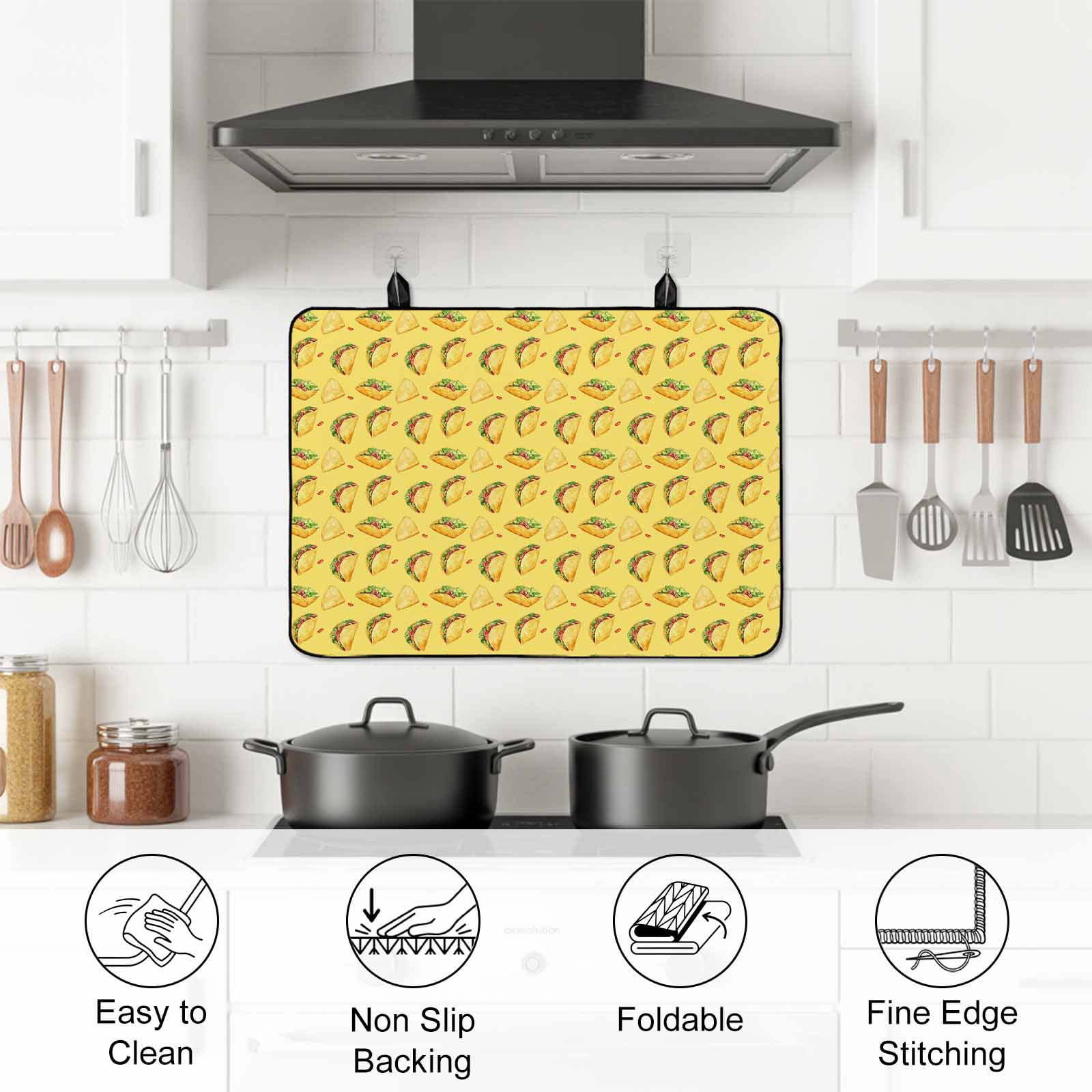 Yellow Tacos Stove Top Cover for Electric Stove, Heat-proof & Non Slip Glass Top Stove Cover Protector, Cheese Vegetables Cartoon Food Kitchen Flat Cooktop Rubber Mat 24x21 Inches