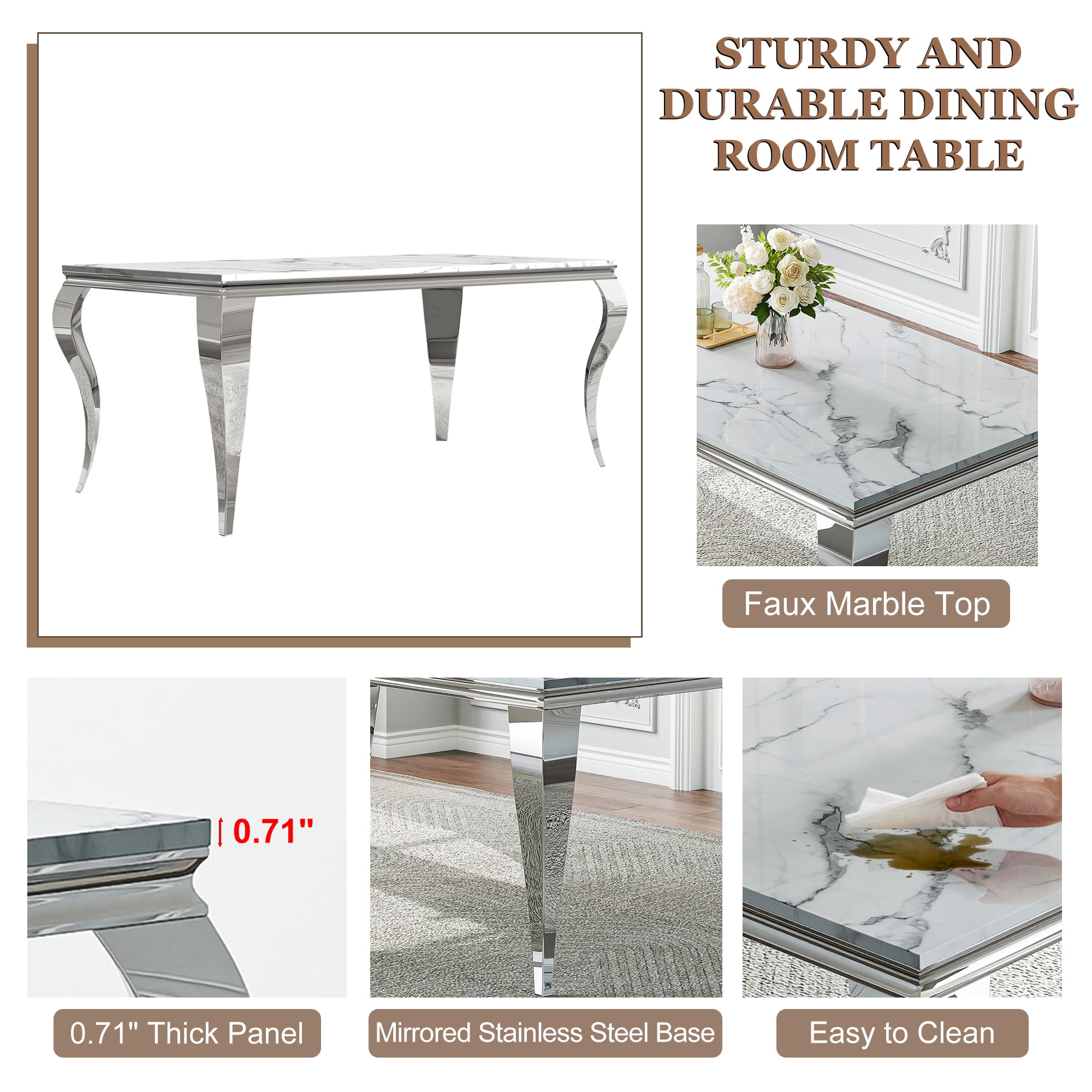 Modern Marble Dining Table, 70" Faux Marble Top and Polished Stainless Steel S-Shaped Legs, for Apartment, Living Room, Kitchen