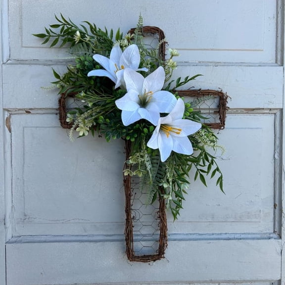 Floral Lily Cross Easter Wreath for Front Door, Grapevine Cross Wall Hanger, Window Ornament Hanging, 14" W x 20" H x 5" D, Wreath for Home Holiday Decor Housewarming Gift