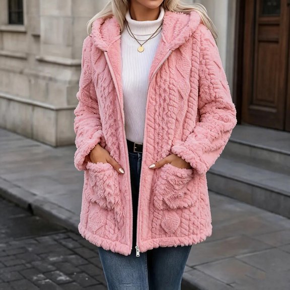 MOONDU Women's Sherpa Jacket Fuzzy Fleece Hooded Zip Up Long Sleeve Warm Winter Coat Oversized Outerwear with Pockets Casual Fall Winter