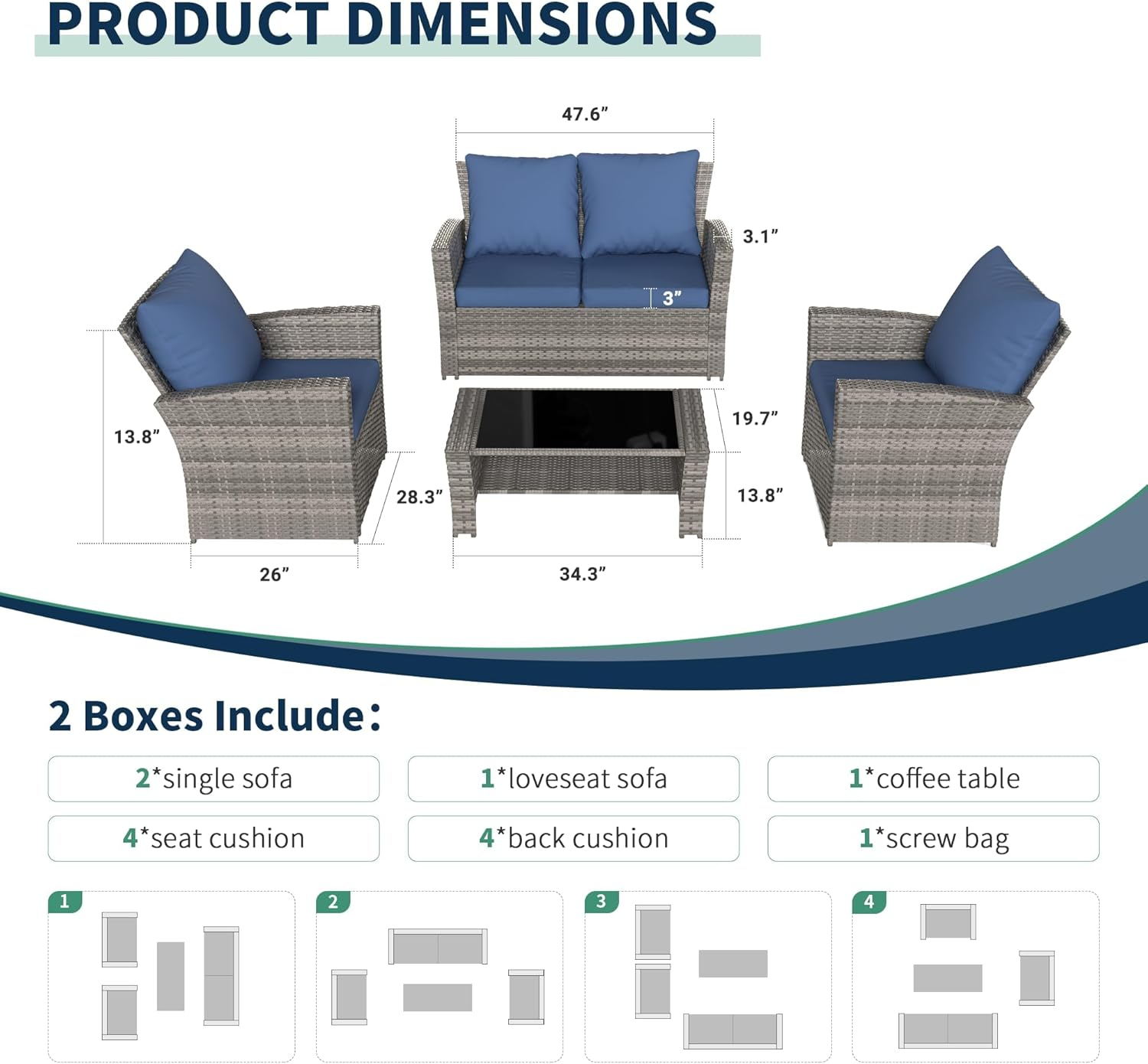 Amopatio Wicker Patio Furniture Set, 4 Piece Outdoor Sectional Conversation Sets, Gray PE Rattan Patio Sofa Set for Balcony, Porch, Backyard,Blue