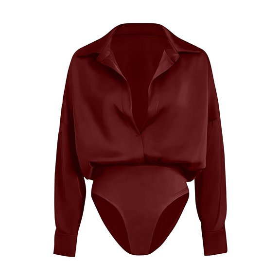 Quixlent Women's Office Blouse Bodysuit Top Button Down Lapel Long Sleeve One Piece Work Shirt Casual Loose Fit Business Tops