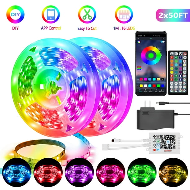LED Strip Light 100ft 5050 RGB Color Changing with 44 Key Remote and 24V Power Supply Bedroom, Kitchen, Bar ,Party, Room decor.(2 Rolls of 50ft) - Walmart.com