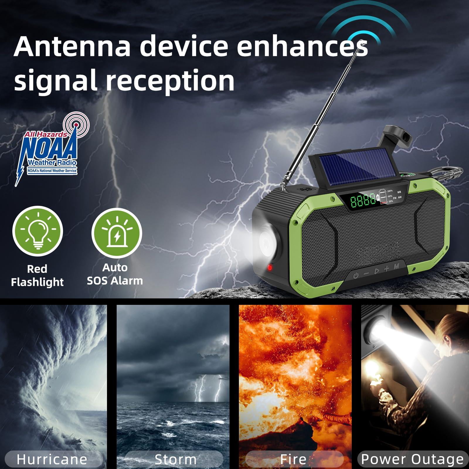 Hand Crank Emergency Radio Portable Am Fm Noaa Weather Solar Power 18500mwh/5000mah Operated Usb Charging Flashlight Waterproof Sos For Camping Outage Storm