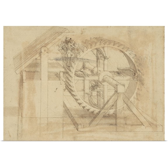 Great BIG Canvas | Rolled Leonardo da Vinci Poster Print entitled War machine composed of big wheel with 44 steps, from Atlantic Codex