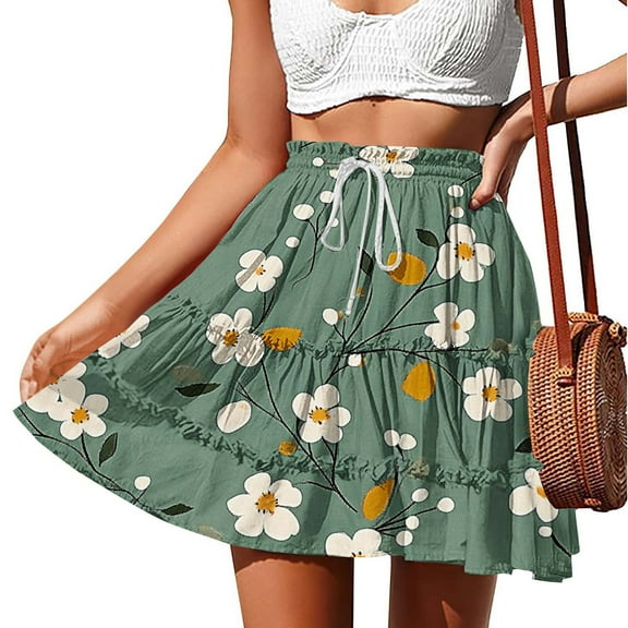 Weiqiqre Womens Skirts Summer Boho Floral Print Mini Skirt High Waist Drawstring Tiered Skirts