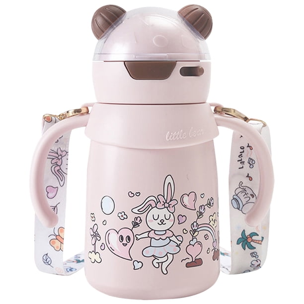 Botella de Agua Térmica de 400 ML con Tapa de Pajita de Acero Inoxidable para Niños (Rosa)