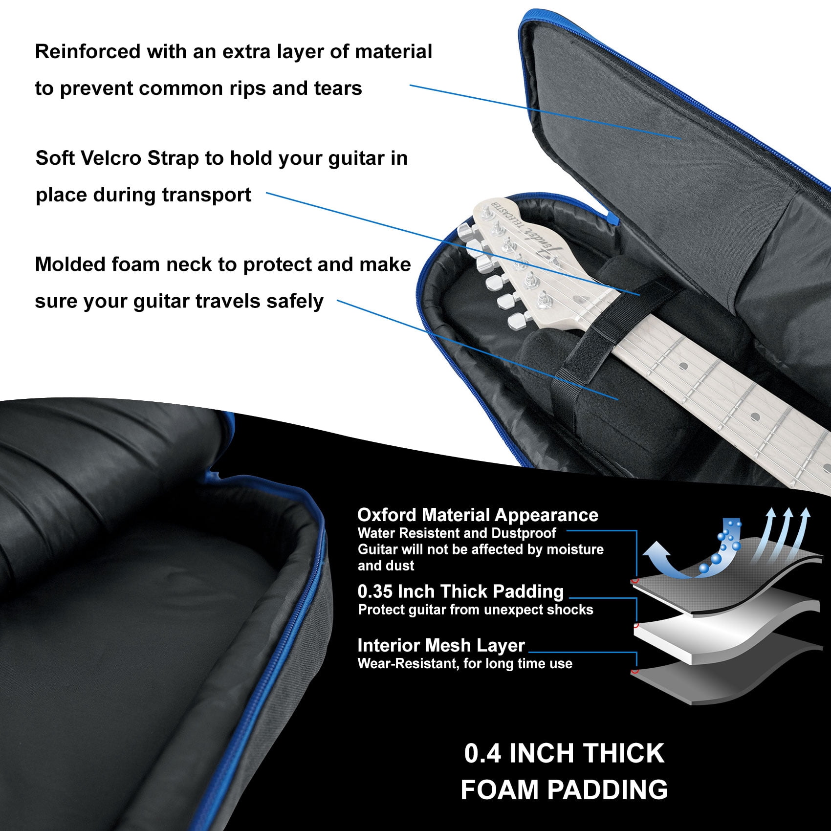 Rockville EGB25-BLU Padded Electric Guitar Gig Bag with Neck Pad + Secure Strap