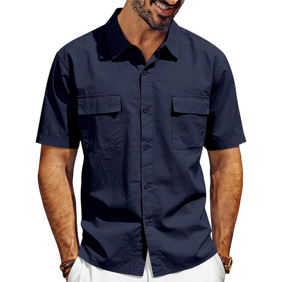 HBYJLZYG Men's Casual Button Up Shirt with Dual Chest Pockets, Short Sleeve, Wrinkle Resistant Polyester, S-XXXL for Daily & Travel