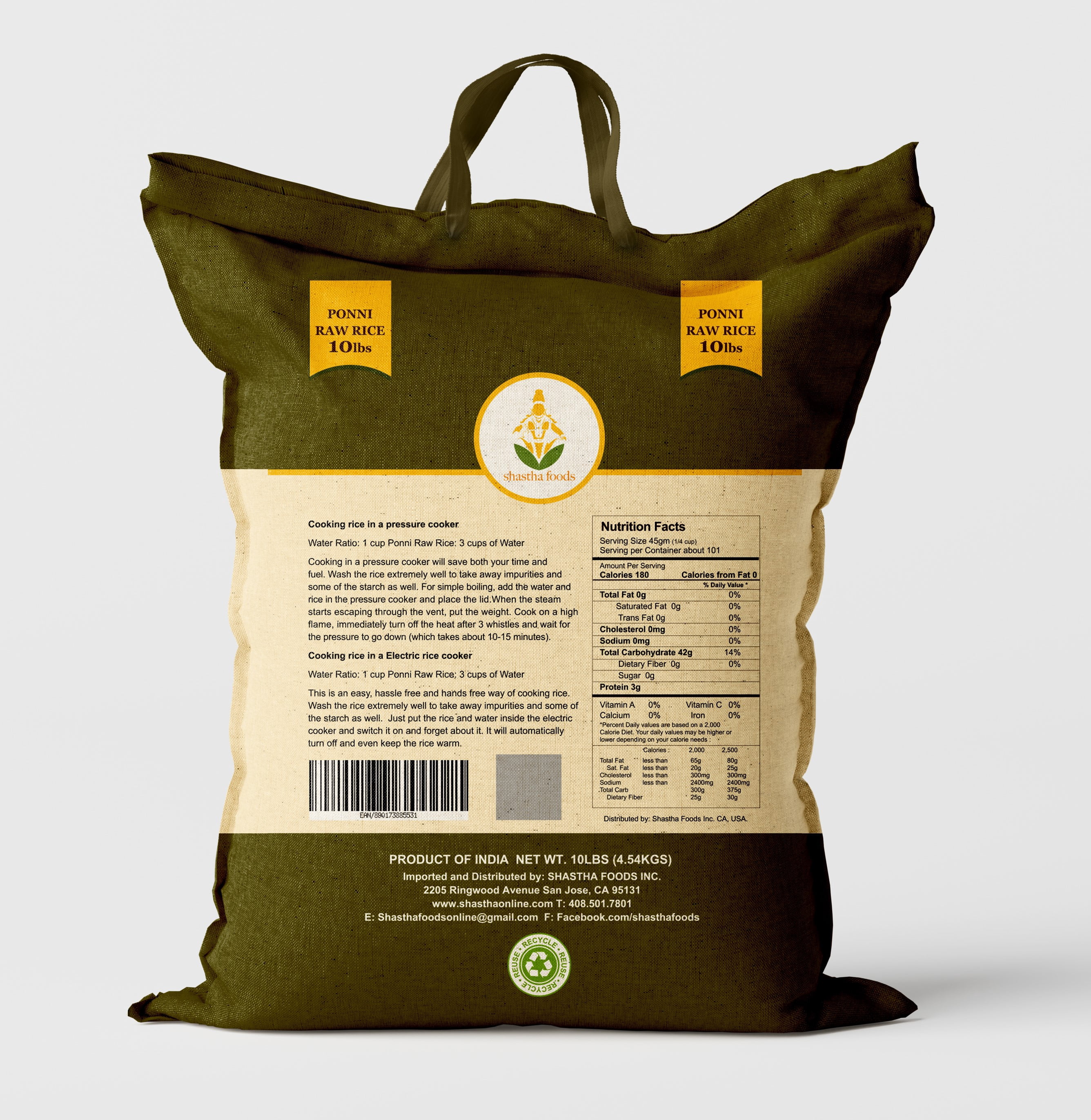 Shastha Ponni Raw Rice 20lbs (Pack of 1)