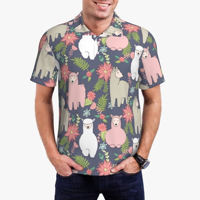 Fotbe Llamas Camiseta Polo de Golf para Hombre con Estampado – Camisa Deportiva Transpirable con Cuello Abotonado-Small