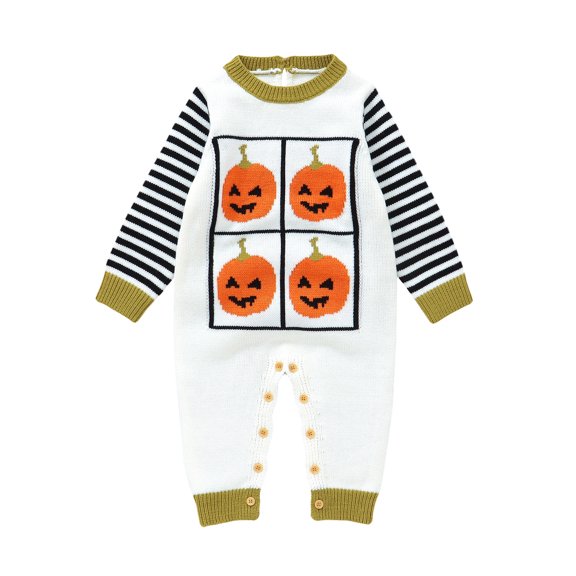 LILIYA Halloween Romper for Little Boys, Halloween Knit Jumpsuit with Long Sleeve, Soft White Outfit, Cozy Fall Clothes for Trick or treating Fun 6-9 Months