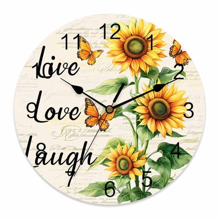 14 Inch Live Love Laugh Wall Clock, Sunflower Butterfly Rustic Watercolor Floral Battery Operated Silent Non Ticking Clocks, Easy to Read Round Wall Clock for Kitchen/Living Room/Bedroom/Bathroom