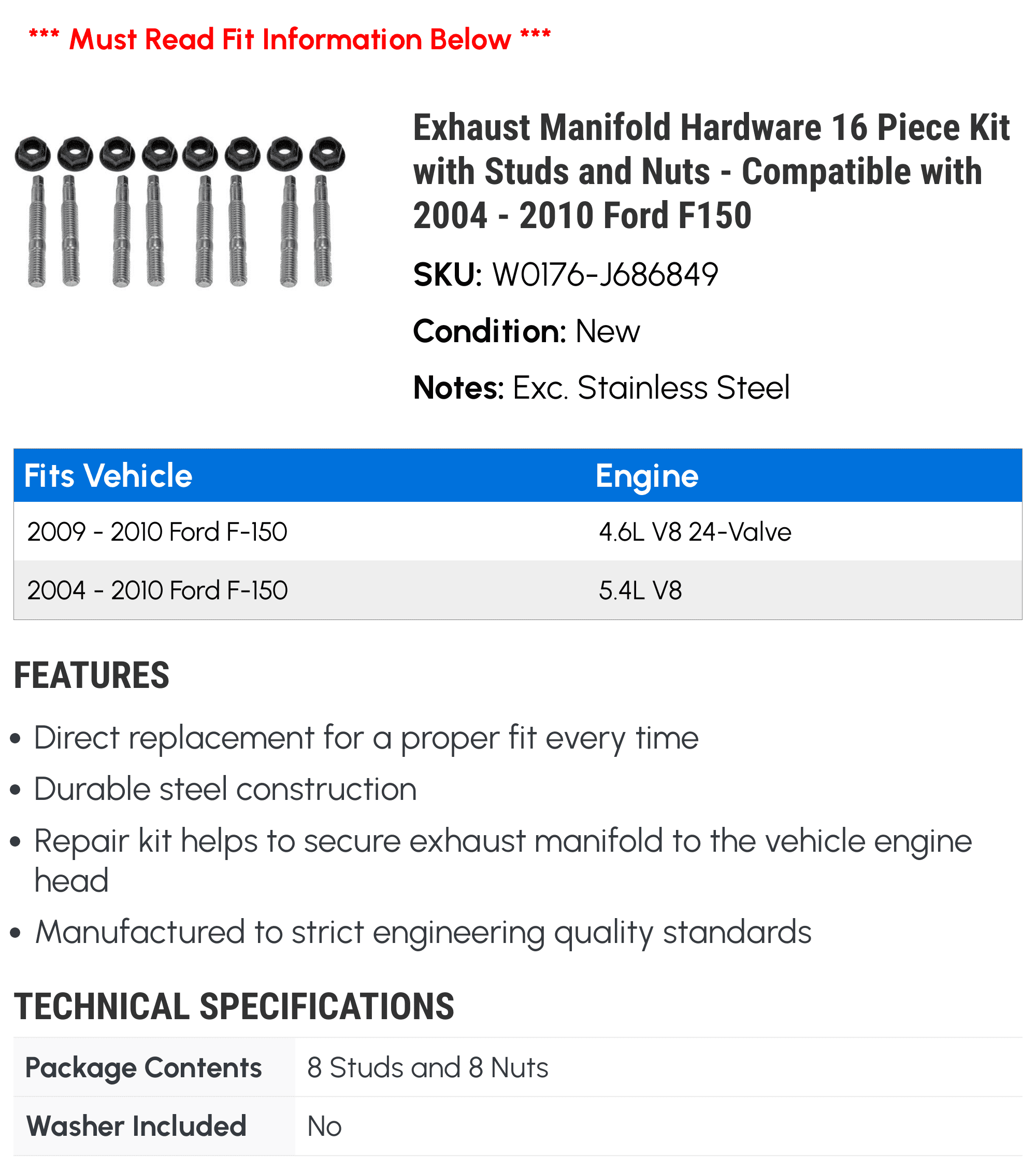 Exhaust Manifold Hardware 16 Piece Kit with Studs and Nuts - Compatible with 2004 - 2010 Ford F150 2005 2006 2007 2008 2009