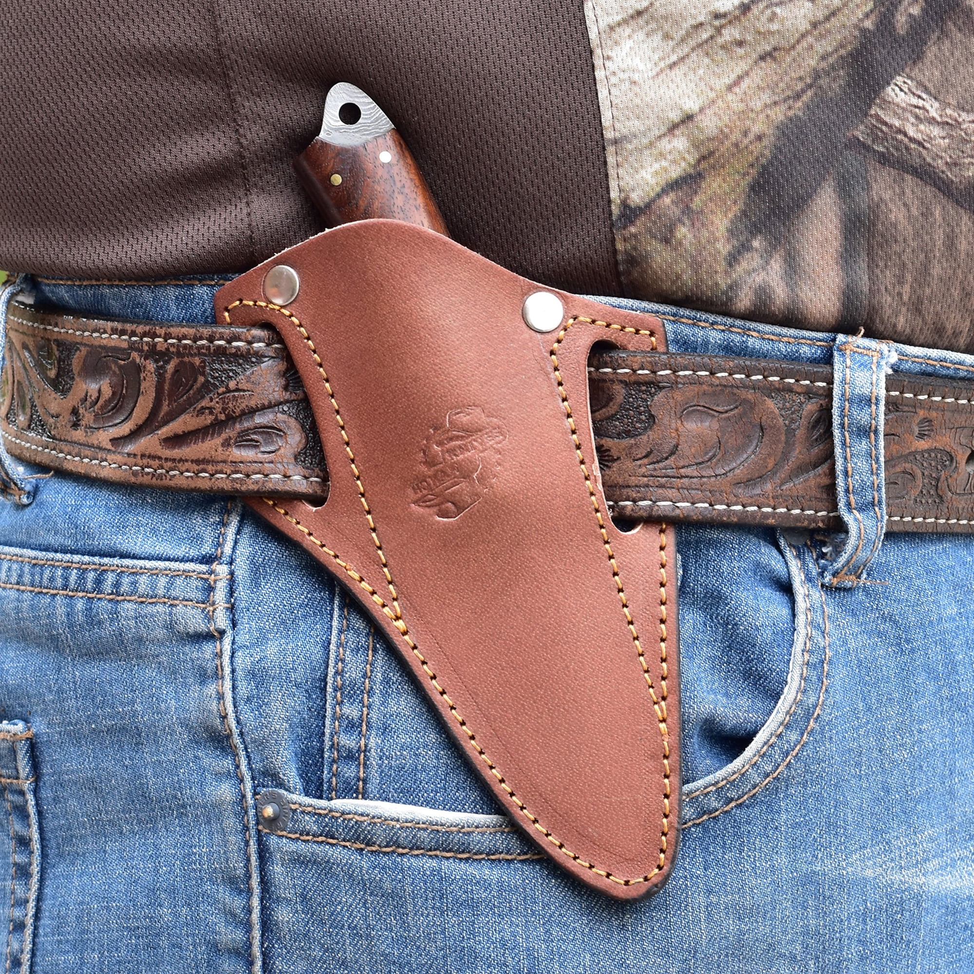 Knives Ranch Model 2001 Damascus Steel Fixed Blade Knife with Rosewood Handle – Durable Hunting, Camping, Outdoor Utility & EDC Knife