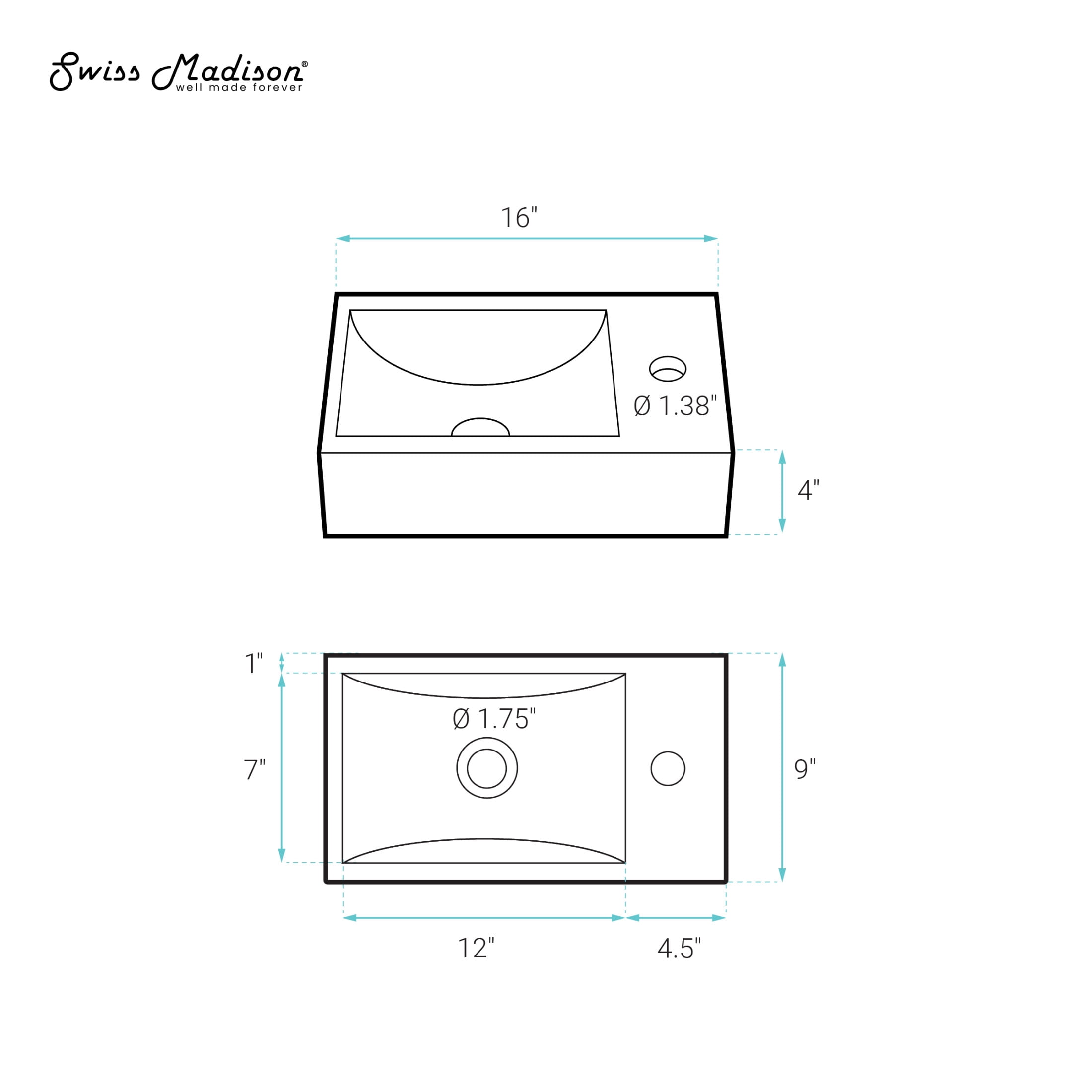 Lisse 16" Concrete Rectangle Wall-Mounted Sink with Right Side Faucet Mount in Matte Terracotta