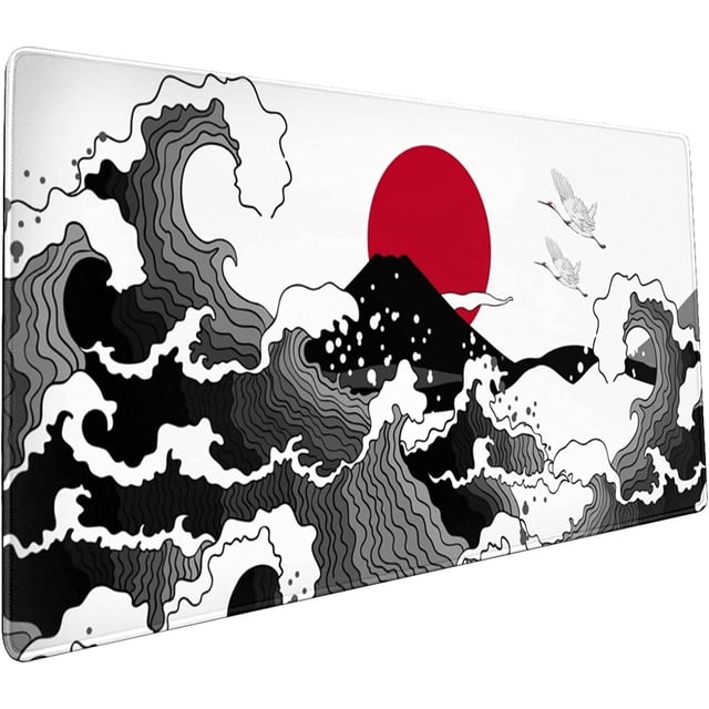 Japanese Red and Black Wave Mouse Pad 35.4 X 15.7 Inch Extended Large Cool Mouse Mat Non-Slip Rubber Base Long Art Mousepad with Stitched Edges Waterproof Desk Pad for Gaming&Home Office,XL
