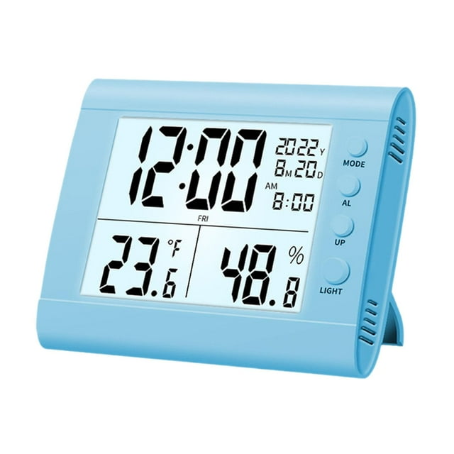 Reloj despertador digital higrómetro de mesa con luz nocturna, reloj multifuncional doméstico. Azul
