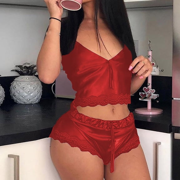 Wyongtao Women Satin Pajamas Silk Sleeveless Pjs Set Soft Camisole Tops and Shorts with Pockets,Red XL