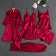 thumbnail image 3 of Conjunto de pijama satinado para mujer, 5 piezas, con paneles de encaje, boda 2024, 3 of 4