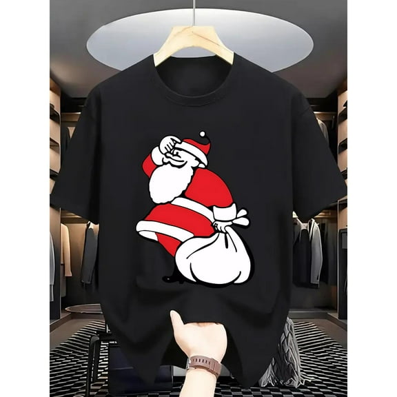 Santa Claus Graphic Tee for Men, Holiday Christmas T-Shirt, Merry Christmas Tops, Casual Short Sleeve Shirt，Funny，cotton，black，S-5XL