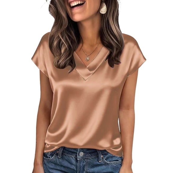 Deago Women Silk Satin Tops Cap Short Sleeve Blouse Summer V Neck Work Shirts Business Casual Dressy Outfits (Coffee, S)