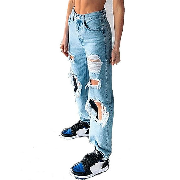 asdoklhq Plus Size Pants for Women,Solid Color Hole Low Waist Jeans Flares Ankle Pants Trouser