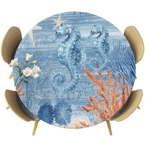 Blue Red Seahorse Coastal Round Tablecloth 45-54 Inch Round Fitted Table Cloth with Elastic Edge, Retro Beach Coral Nautical Waterproof Table Cover Protector for Outdoor Picnic Party Dining