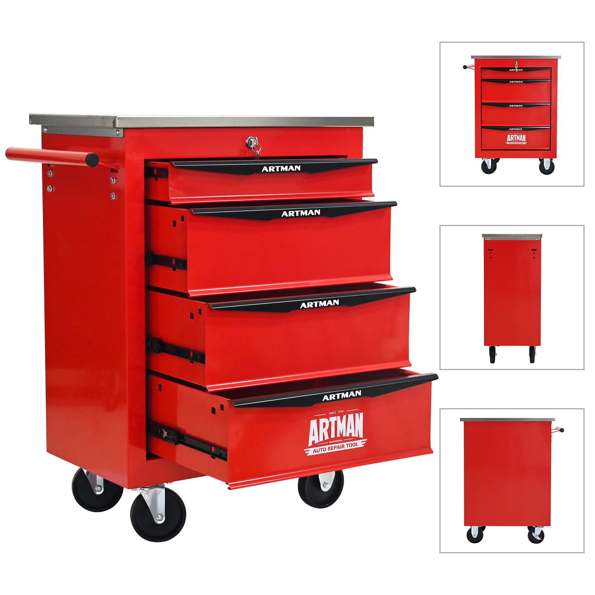 ARTMAN 4 Drawers Steel Storage Rolling Tool Chest Cabinet Cart with Wheels and Stainless Steel Roof for Workshop Garage Warehouse