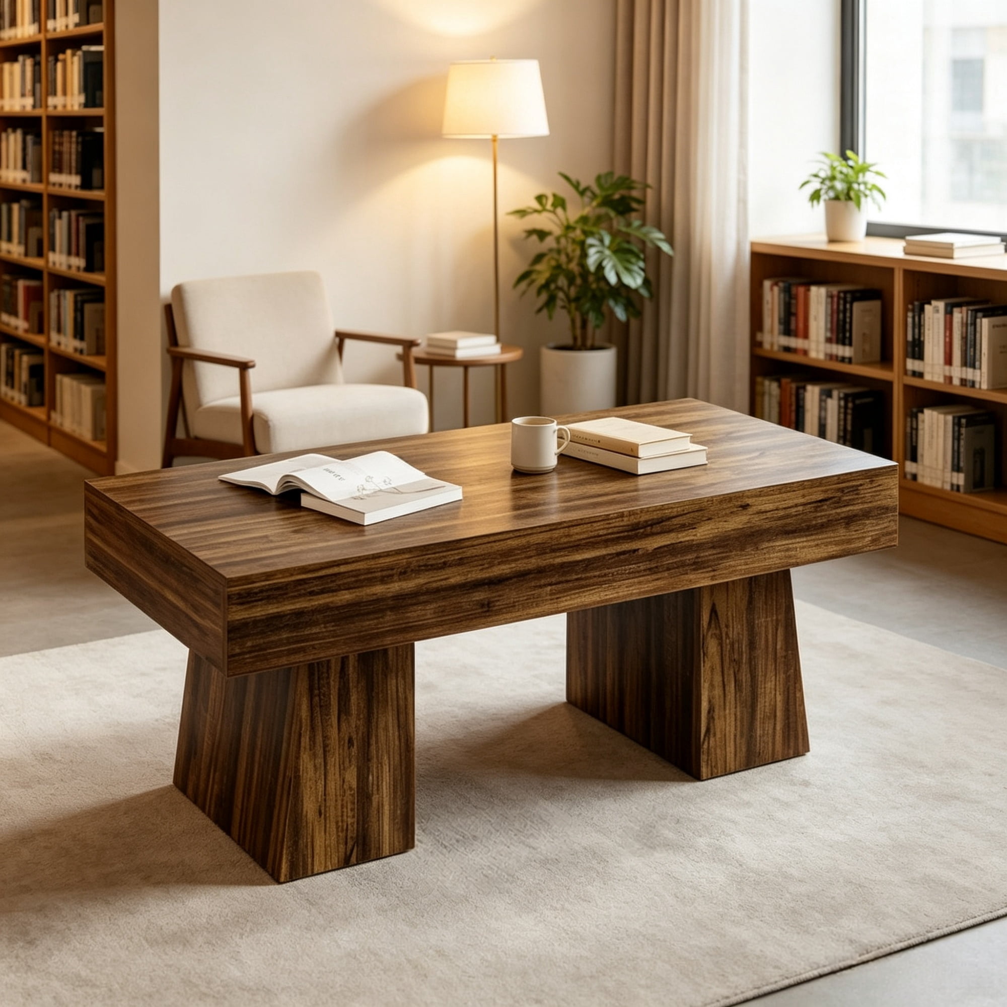 Rustic Farmhouse Coffee Table with Chunky Base, 52.76 in L x 25.98 in W x 4.33 in H, 54.90 lb
