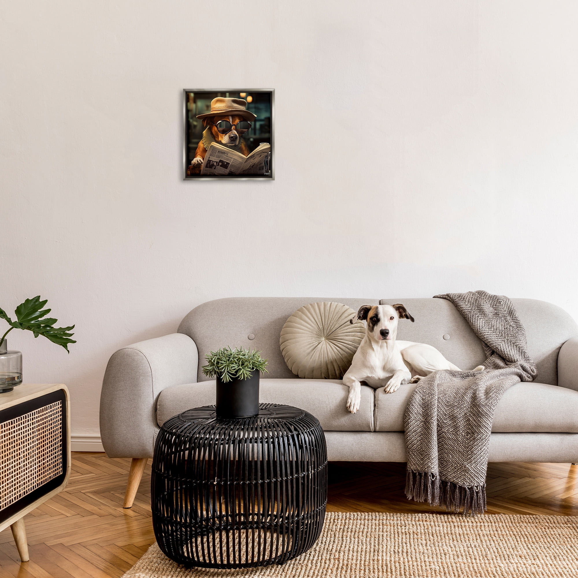Stupell Industries Dog Reading Newspaper Animals & Insects Painting Gray Floater Framed Canvas Art Print Wall Art, 18 x 18