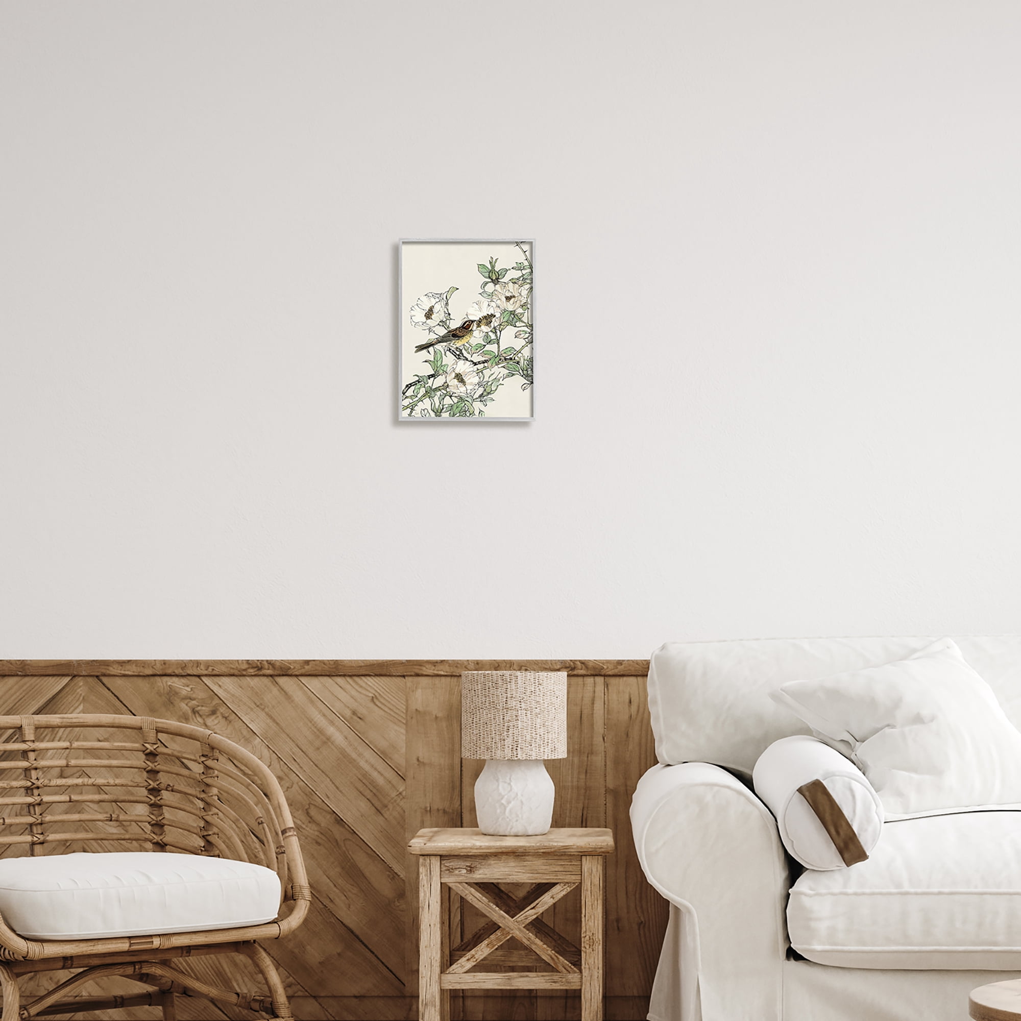 Stupell Industries Delicate Bird & Blossoms Botanical & Floral Painting Gray Framed Art Print Wall Art, 11 x 14