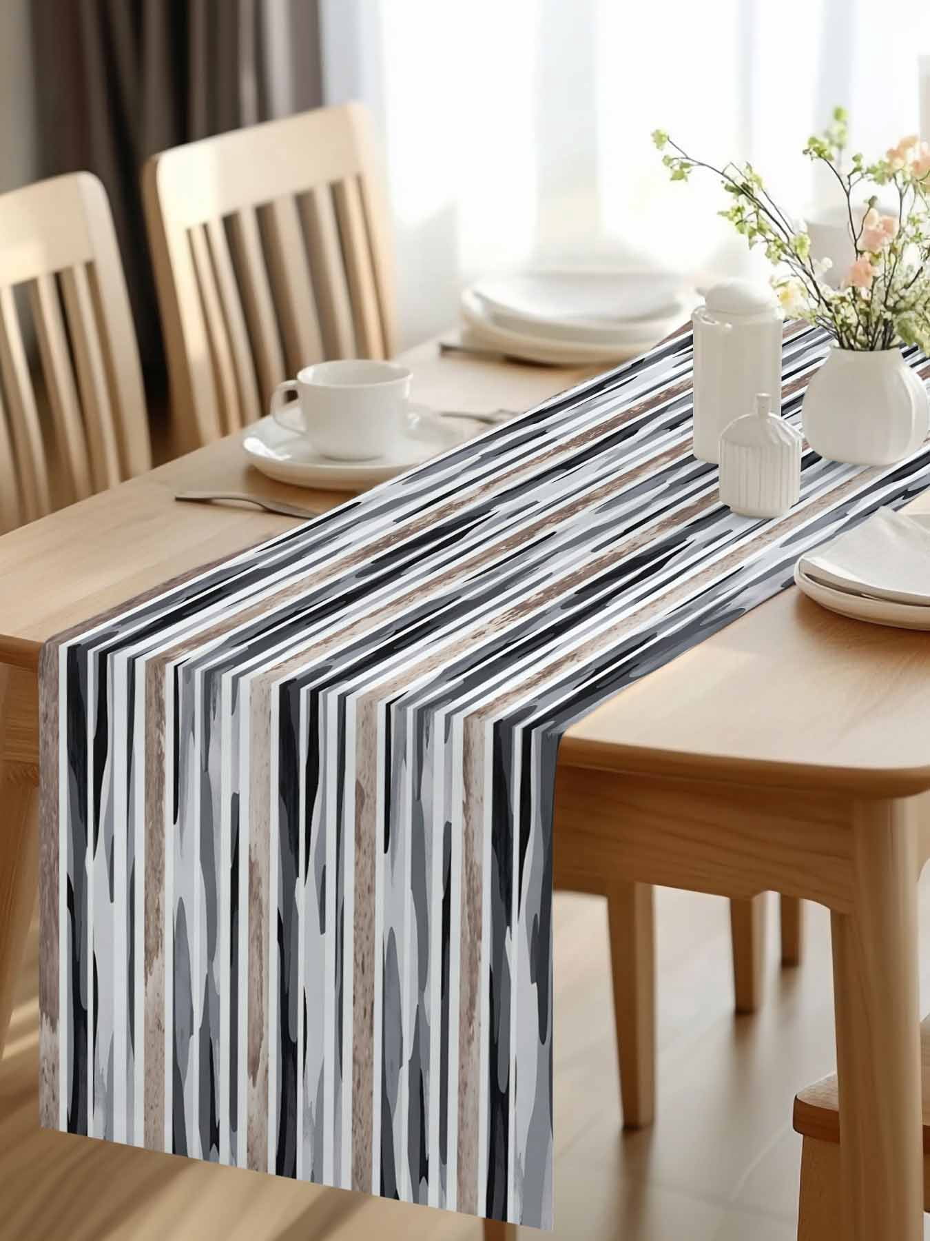 Gray Gradient Camo Table Runner, Abstract Mottled Stripe Vintage Washable Cotton-linen Table Runners Dining Kitchen Decoration for Everyday Home Wedding Party Decor, 13 x 90 Inch