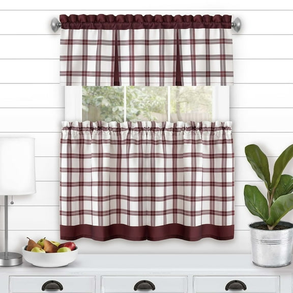 Achim Tate Plaid Light Filtering Tier and Valance Curtain Set, Burgundy, 58" x 36"
