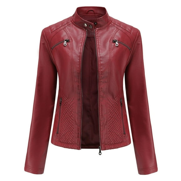 CEHVOM Women's Leather Standing Collar Slim Fitting Motorcycle Jacket Leather Jacket Clearance