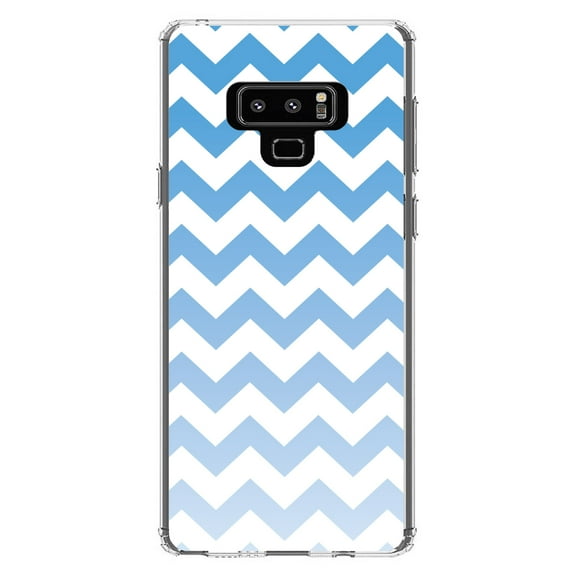 DistinctInk Clear Shockproof Hybrid Case for Samsung Galaxy Note 9 - TPU Bumper, Acrylic Back, Tempered Glass Screen Protector - White Blue Fade Ombré Stripes