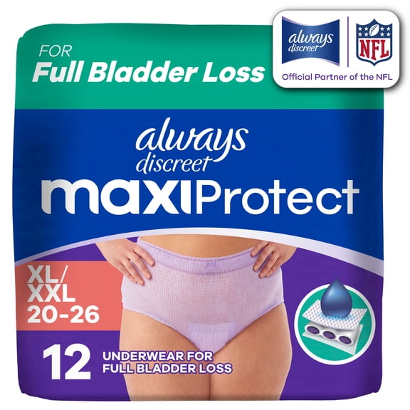Always Discreet Adult Diapers for Women, MaxiProtect, Incontinence Underwear, Maximum Plus Absorbency, Size XL/XXL, 12 Count