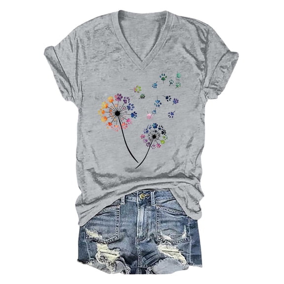 Women's Dandelion Print T-Shirt V-Neck Loose Fit Fashion Summer Trendy Tee