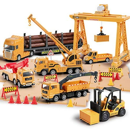 iPlay, iLearn Construction Truck Toy Set, Cargo Transport Vehicles Site Playset, Gantry Crane, Trailer, Logging, Pickup Tow Trucks, Forklift, Birthday Gift for 3 4 5 6 Year Olds Boys Kid Toddler Child