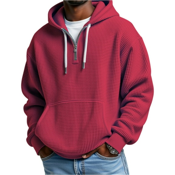 Dwelliawo 1/4 Zip Pullover Mens Solid Color Waffle Knit Drawstring Long Sleeve Casual Sweatshirt Hooded Fall Hoodies Pullover with Pockets Red 5XL