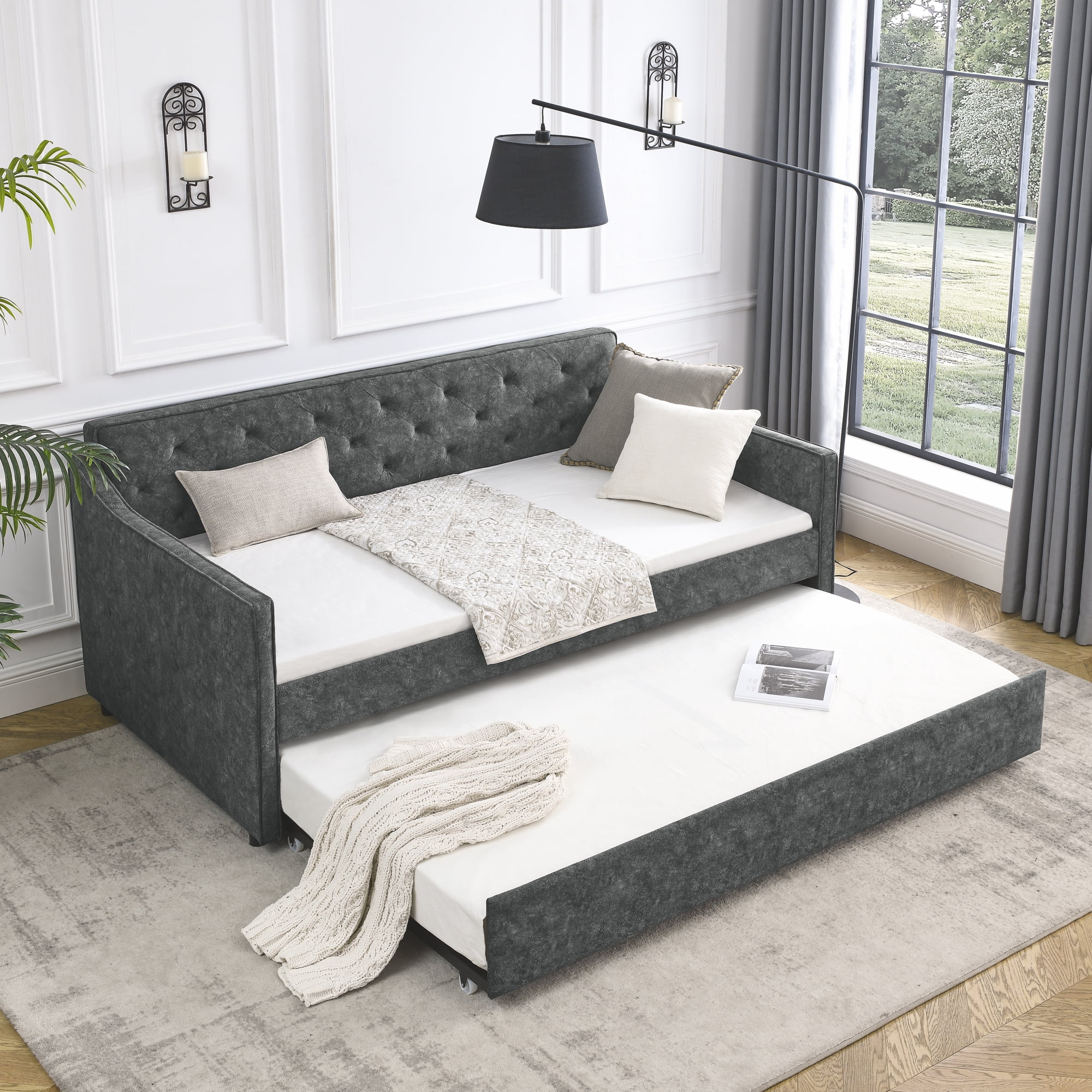 Aukfa Twin Daybed with Trundle, Upholstered Daybed with Tufted Back - Gray