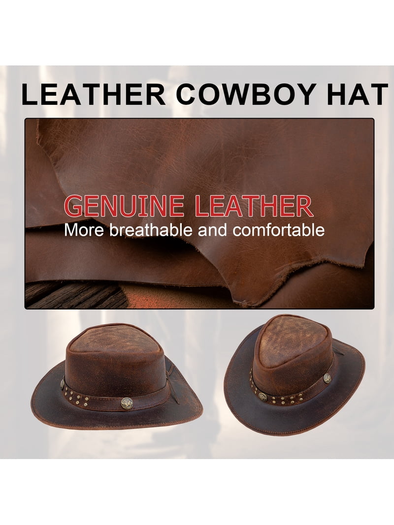 Genuine Leather Cowboy Western Hat Steampunk Top Hat Halloween Costume Studded Dream Apparel Black Leather Cowboy Western Hat for Men and  main image 4