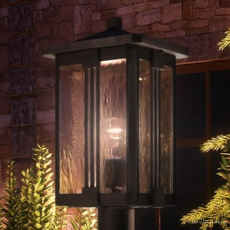 

Urban Ambiance Luxury Craftsman Outdoor Post Light Large Size: 20.25 H x 10.5 W with Mid-Century Modern Style Elements Vertical Stripes Design Natural Black Finish and Water Glass UQL1053