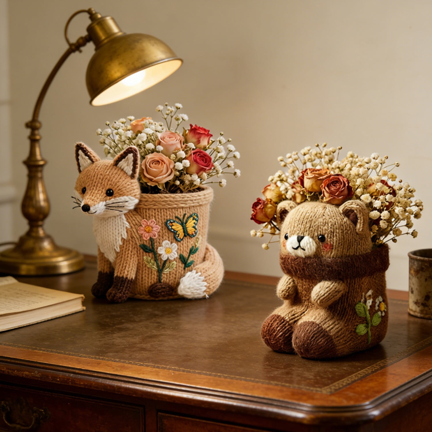 2 Pcs Knitted Fox & Bear Flower Pot Silicone Resin Mold, 3D Cute Animal Shaped Mold for Concrete Cement Plaster Clay, DIY Planter Storage Jar Epoxy Mold for Home Decor Craft