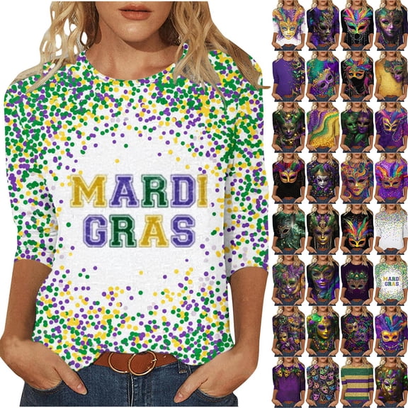 Pxxlle Mardi Gras Shirts for Women Plus Size 3/4 Sleeve Shirt Comfy Round Neck Fat Tuesday Party Shirt Fashion Mask Graphic Tee Tops Size S